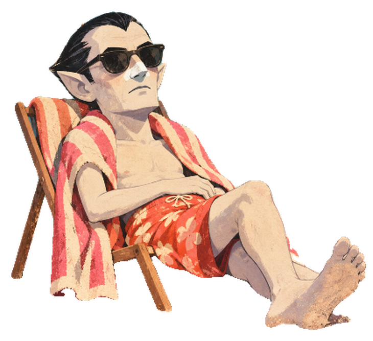 Count Out, a pale vampire in sunglasses with sunscreen on his nose, reclining in a deck chair under a striped towel